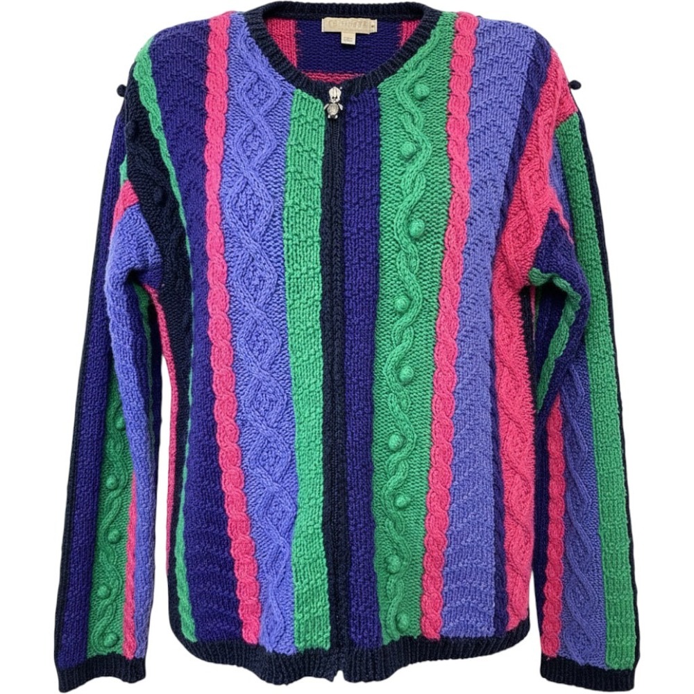 Eagles Eye Vintage Striped Cable Knit Zip Cardigan Small Turtle Pull Colorful